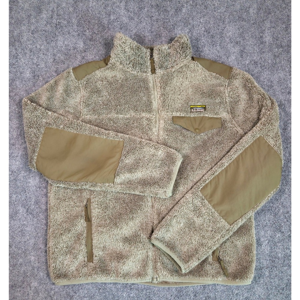 L.L. Bean Fleece Jacket Mens L‎ Green Hi-Pile Sherpa Full Zip Nylon Overlay